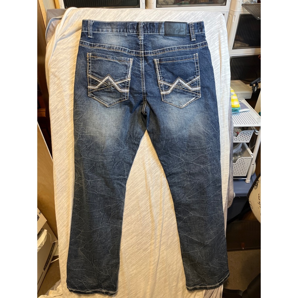 True Luck Jeans Mens Straight Leg Dark Wash‎ Distressed Denim Pants Size 32x32